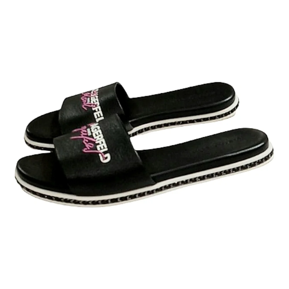 Karl Lagerfeld Beda Black Leather Logo Slides Sz 11
